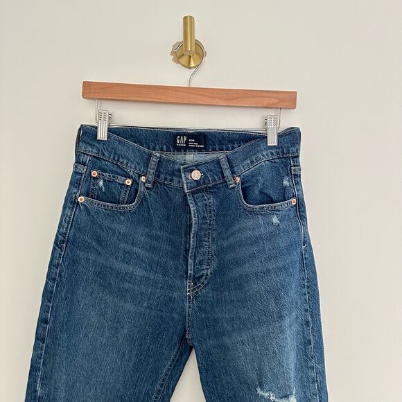 Gap Denim High Rise Cheeky Distressed Button Fly Cuffed Straight Jeans Blue 8 - Picture 3 of 9